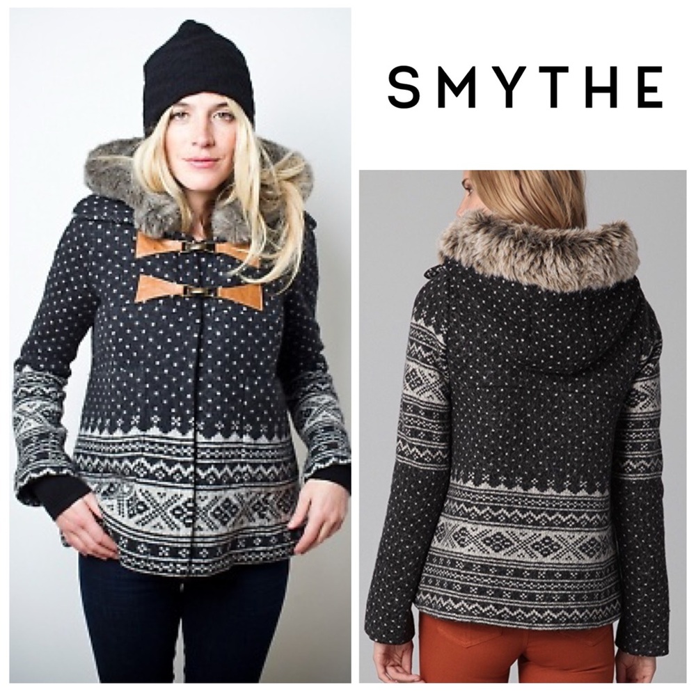 Smythe Fair Isle Fur Trim Hooded Duffle Coat in Dark Grey & Cream
